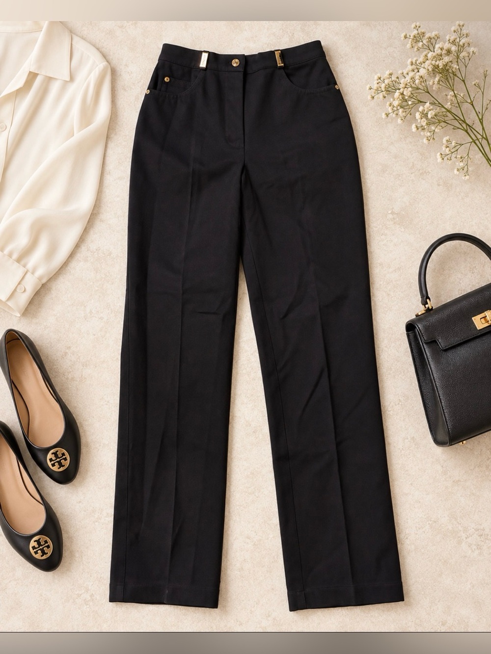 St. John Sport Black Straight Leg Pants Size 2 Gold Hardware Stretch - Picture 3 of 10